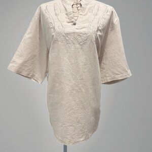 Utcoco Linen Cotton Blend Beige Tunic Top w/ Emroidery Accents NWT Sz XL